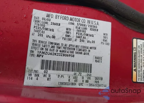 2003 Ford Explorer Xls z USA, uszkodzony, nr VIN 1FMZU62K23ZB06958